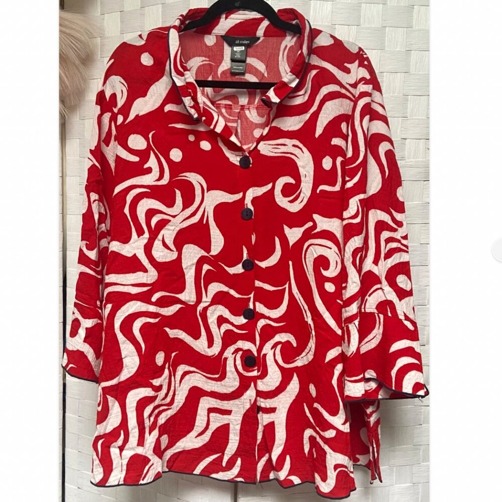 Ali Miles Abstract Red White Button Up Blouse Top Size 3X